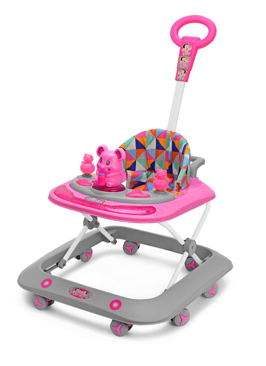 Milo Adjustable Led Light Baby Walker with Parent Push Handle, Colourful Activity Tray, Geometric Pattern Seat, Pink and Grey