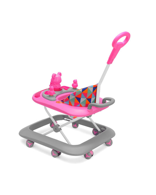 Milo Adjustable Led Light Baby Walker with Parent Push Handle, Colourful Activity Tray, Geometric Pattern Seat, Pink and Grey