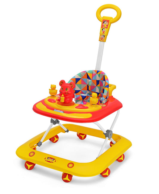 Milo Adjustable Baby Walker with Parent Push Handle, Colourful Activity Tray, Geometric Pattern Seat, Red and Yellow