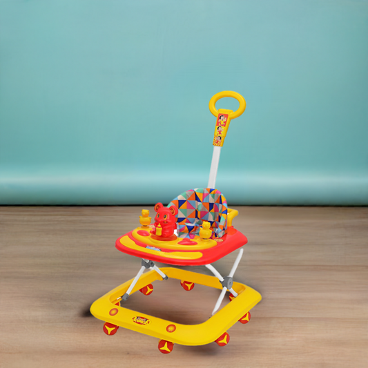 Milo Adjustable Baby Walker with Parent Push Handle, Colourful Activity Tray, Geometric Pattern Seat, Red and Yellow